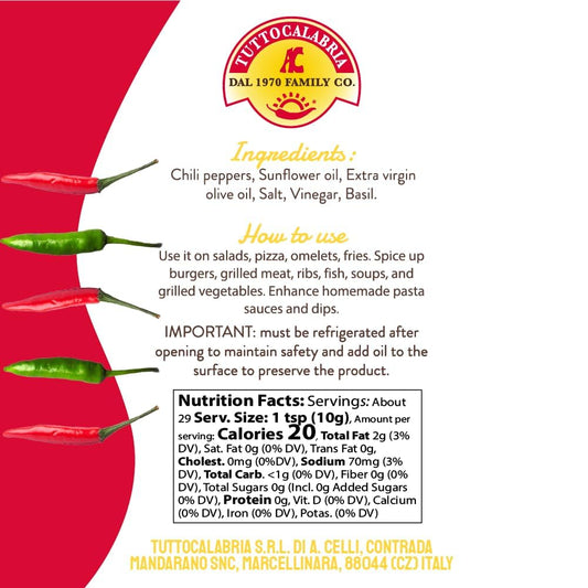 Tuttocalabaria product label with ingredients, uses, and nutrition facts on a red and white background.