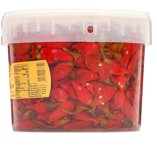 Clear container filled with red dried chili peppers and a yellow label.