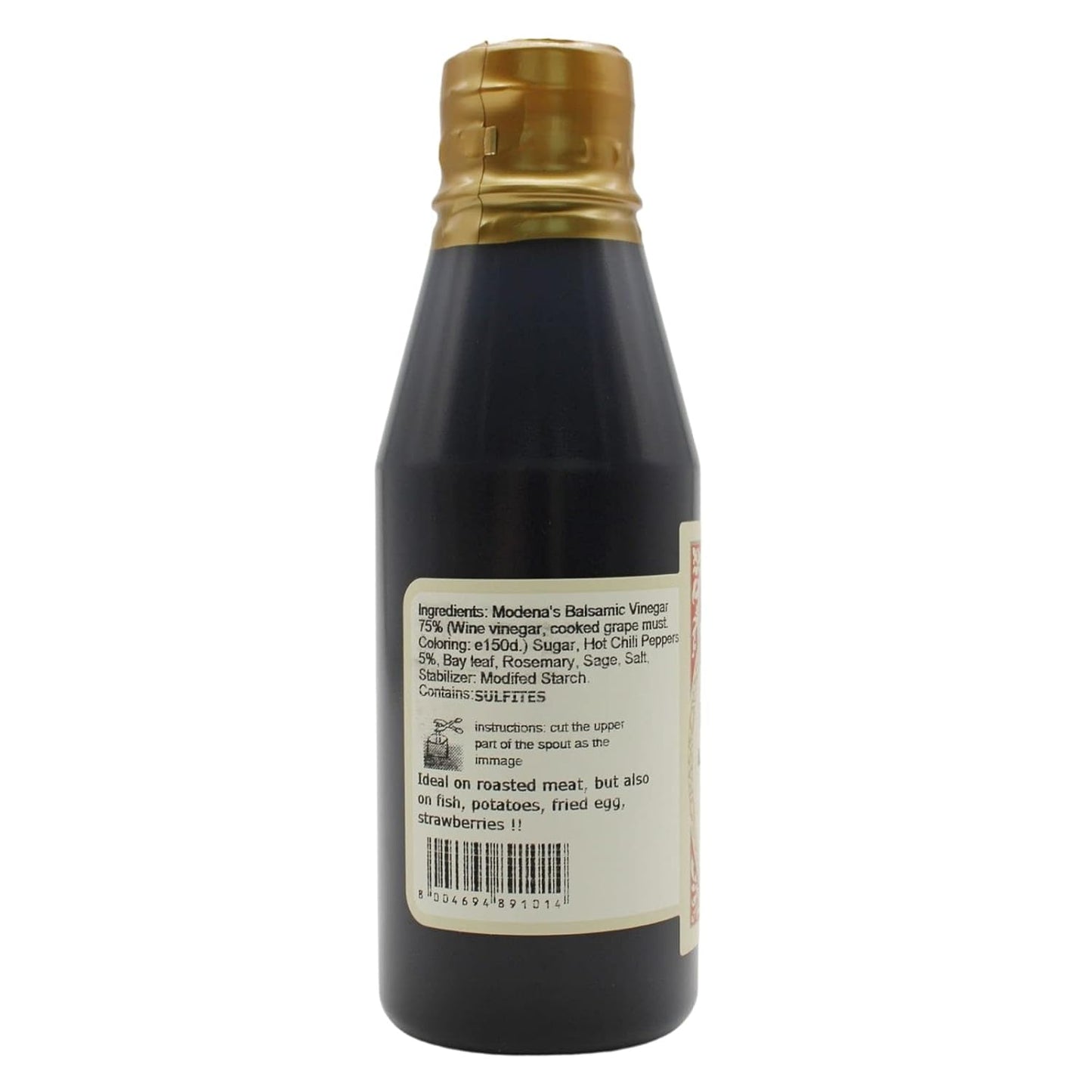 Bottle of balsamic vinegar with a gold cap on a white background