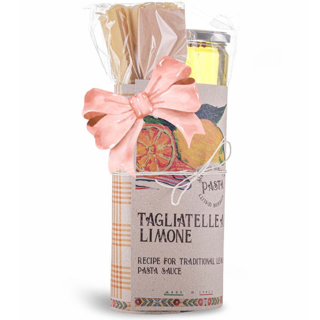 Pasta gift set with tagliatelle limone, a candle, and a small bag on a white background Italian Pizza kit, gift Set, Holidays Gif Set, Gourmet Gift set, Foodie Gift 