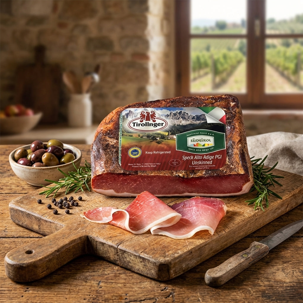 Package of Tirolinger speck on a wooden cutting board with sliced ham and olives in a rustic setting.