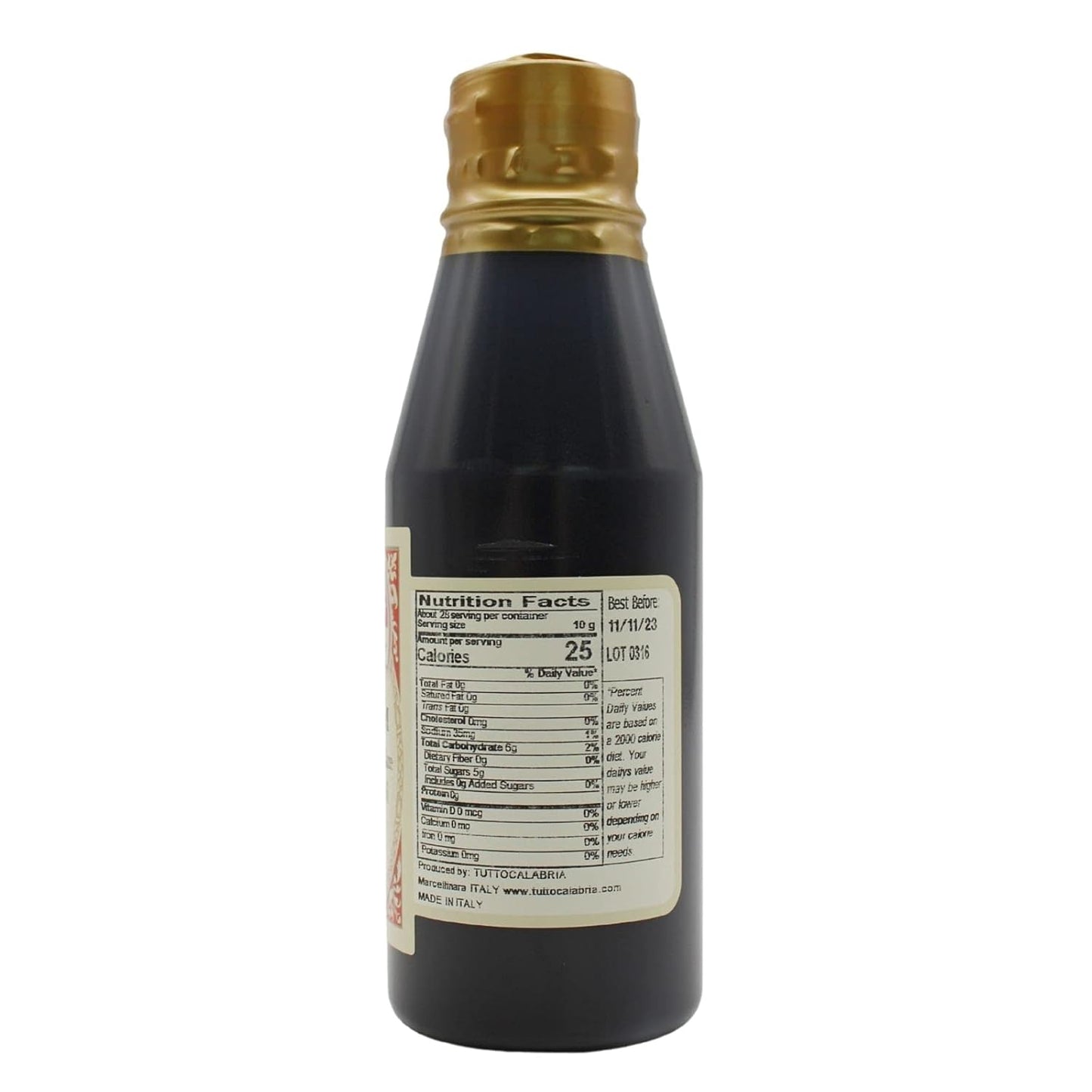 Bottle of soy sauce with nutrition label on a white background
