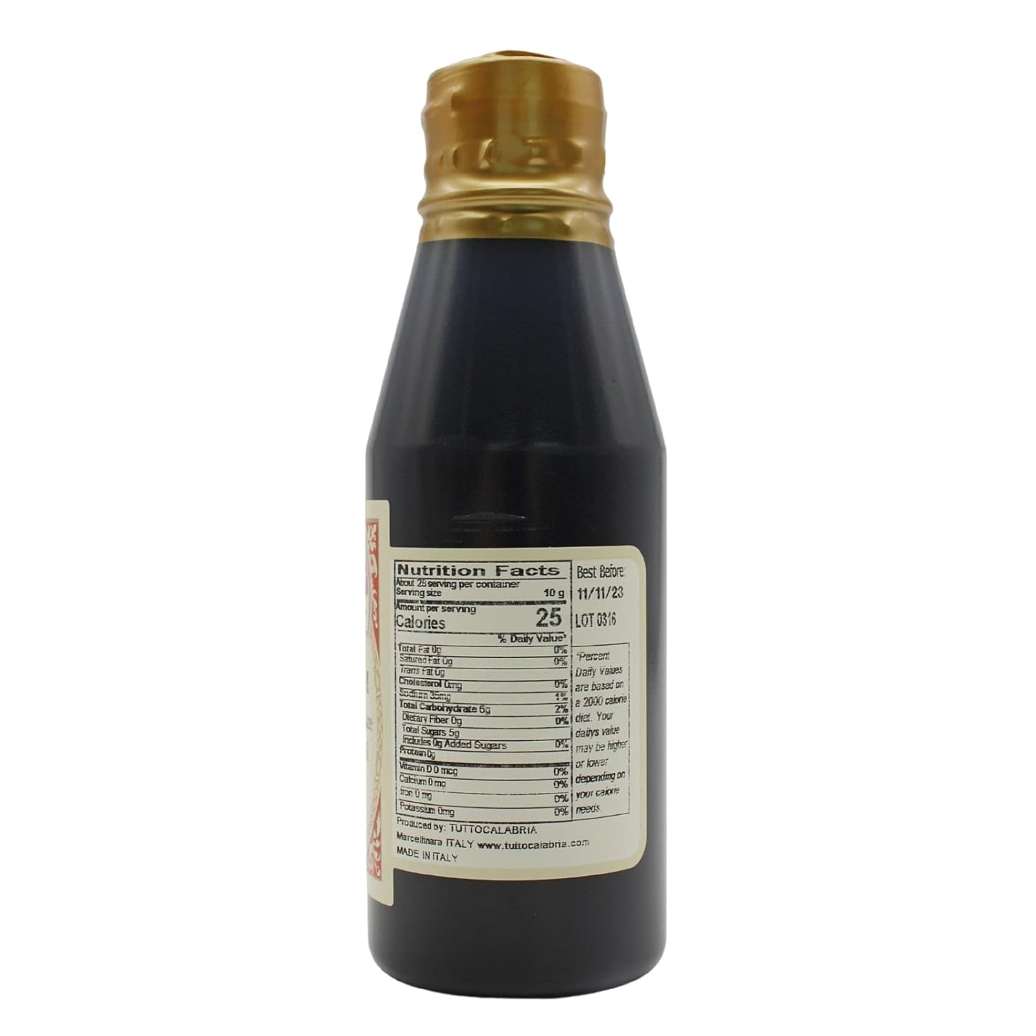 Bottle of soy sauce with nutrition label on a white background