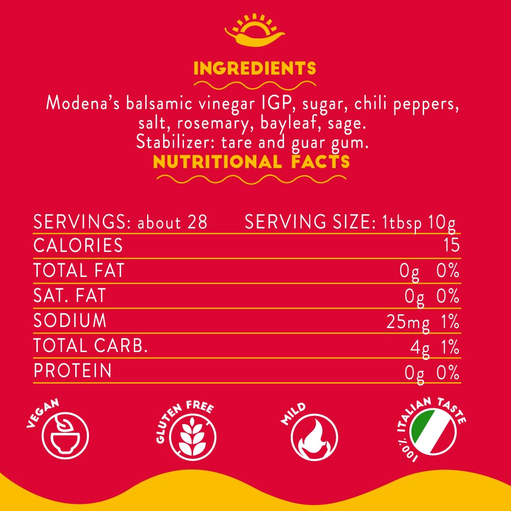 Ingredients and nutritional facts label on a red background with yellow accents.
