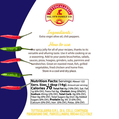 A recipe card or packaging insert for Tuttocalabria extra virgin olive oil, featuring a white background with a dark blue left border. The top displays the red and yellow Tuttocalabria logo.