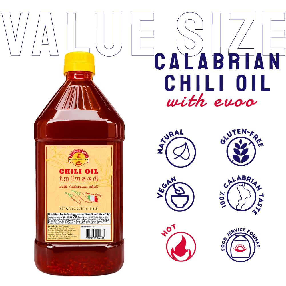 A bottle of Calabrian Chili Oil with evoocap on a white background, surrounded by promotional text and feature icons including 'Natural', 'Gluten-Free', 'Vegan', '100% Calabrian Taste', 'Hot', and 'Food Service Family'.