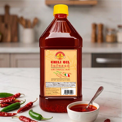A bottle of Chili Oil Infused with Calabrian Chili by Golden Spice Company, placed on a kitchen counter with whole red and green chilies and a small bowl of the chili oil with a spoon.