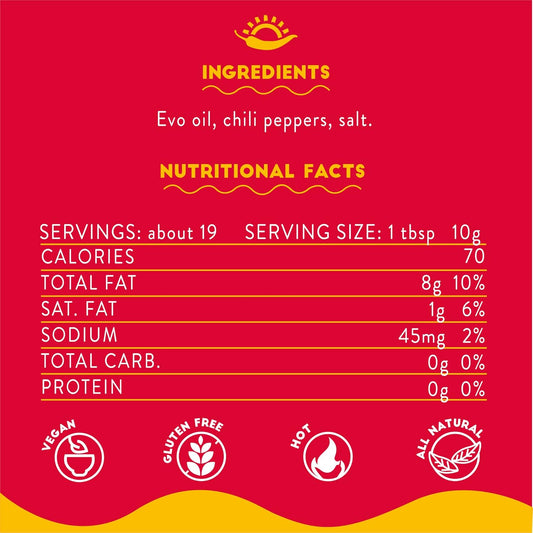 Nutritional facts and ingredients list on a red background with yellow text and icons.