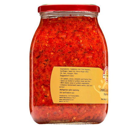 Back view of TuttoCalabria Crushed Calabrian Chili Peppers jar showing ingredients and suggested uses