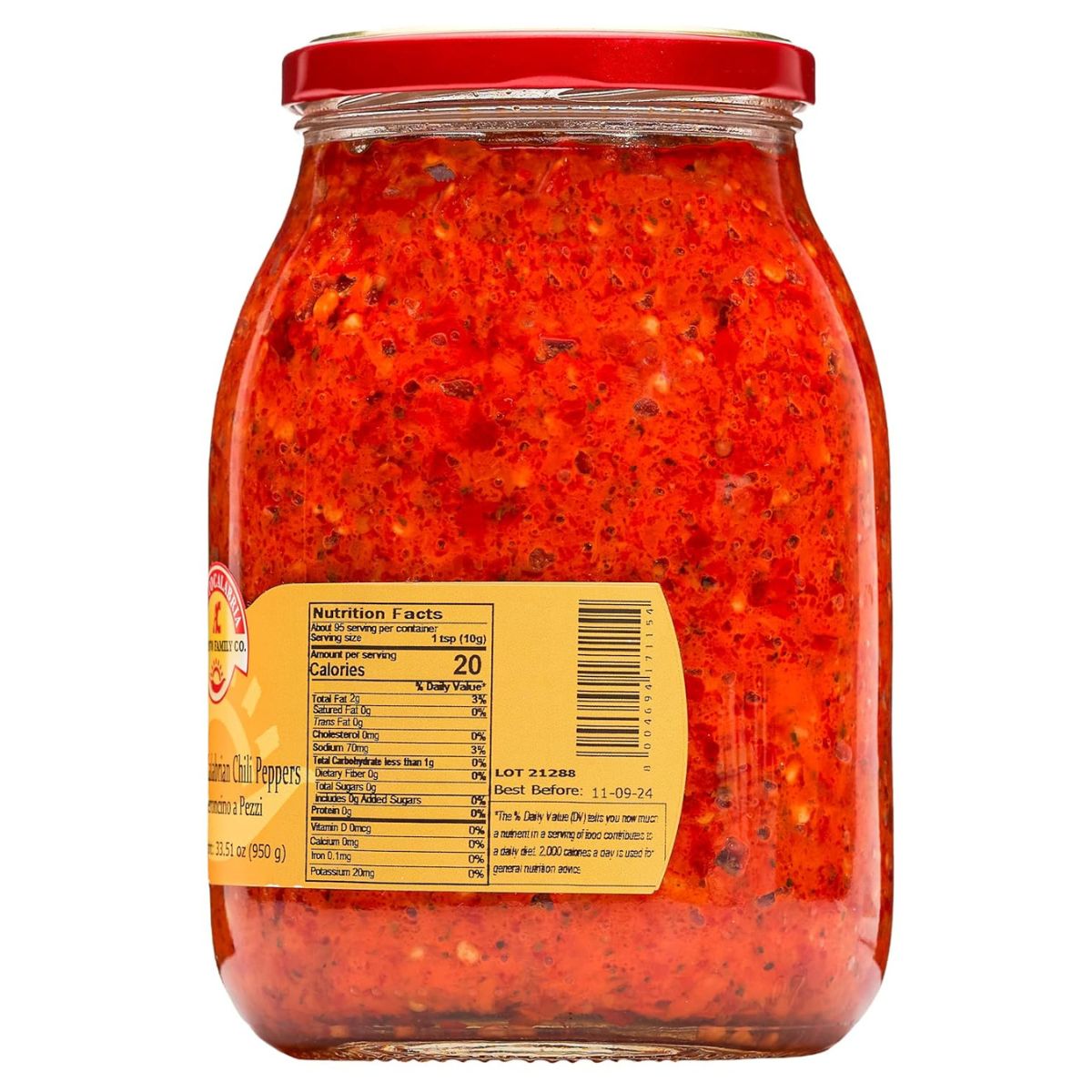 Right side of TuttoCalabria Crushed Calabrian Chili Peppers jar showing nutrition facts and barcode