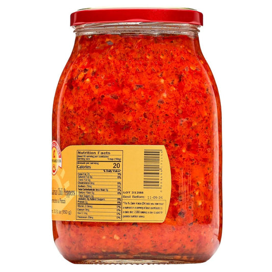 Right side of TuttoCalabria Crushed Calabrian Chili Peppers jar showing nutrition facts and barcode