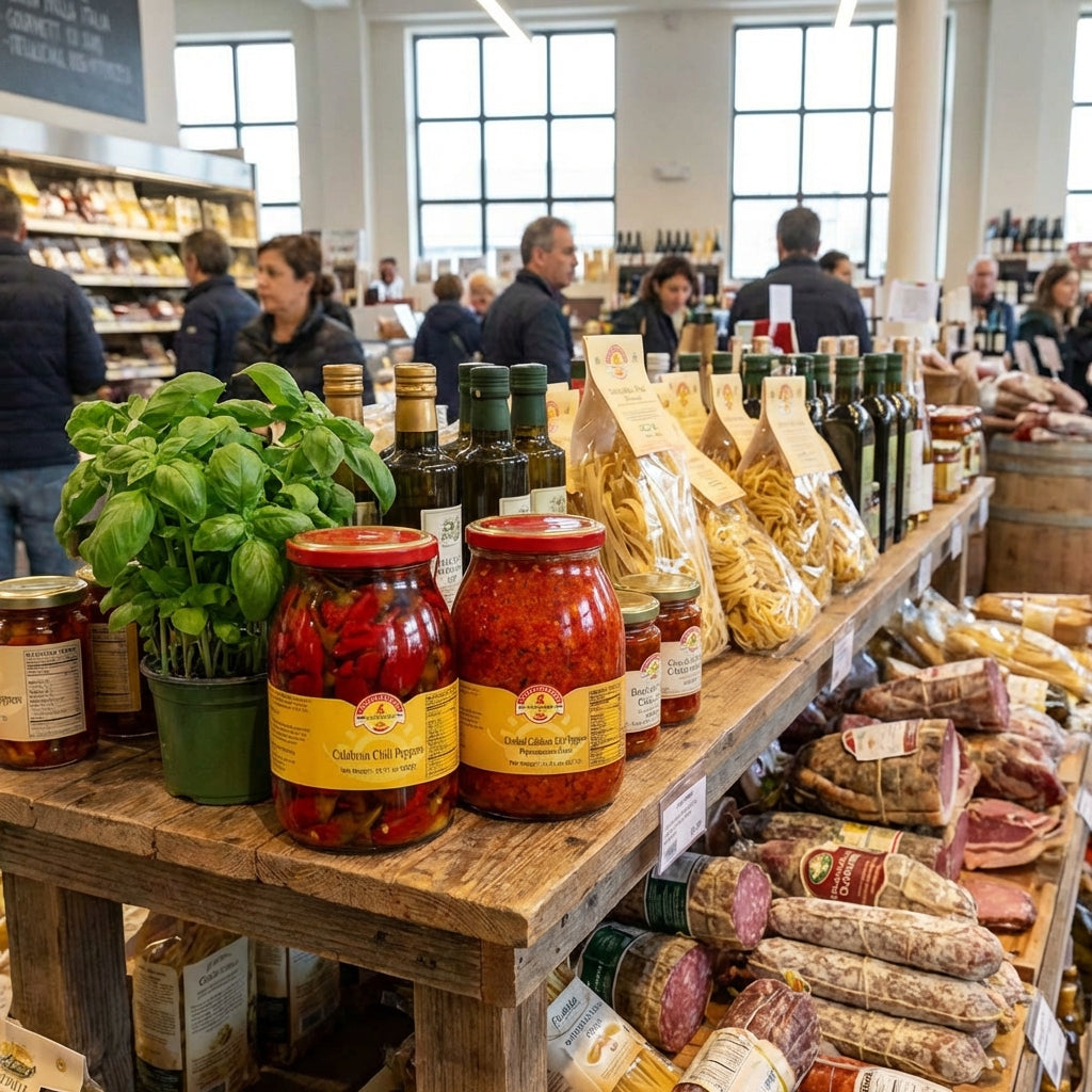 Display of jars, plants, and cured meats in a store setting