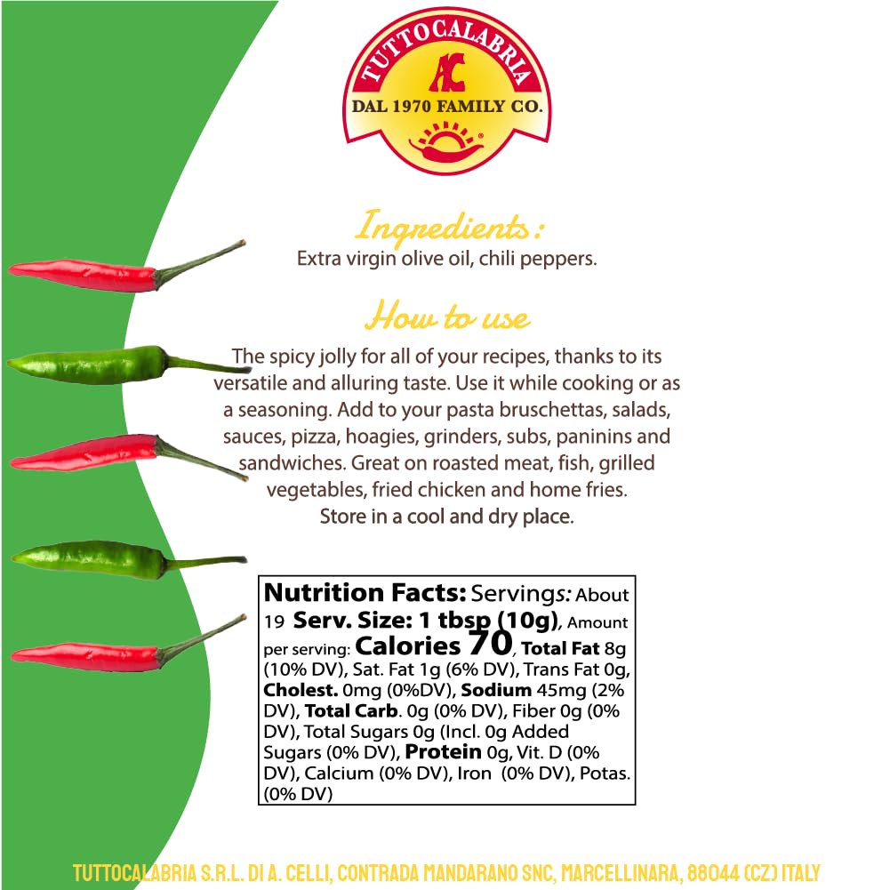 Tutto Calabria chili EVOO label with ingredients and nutrition facts