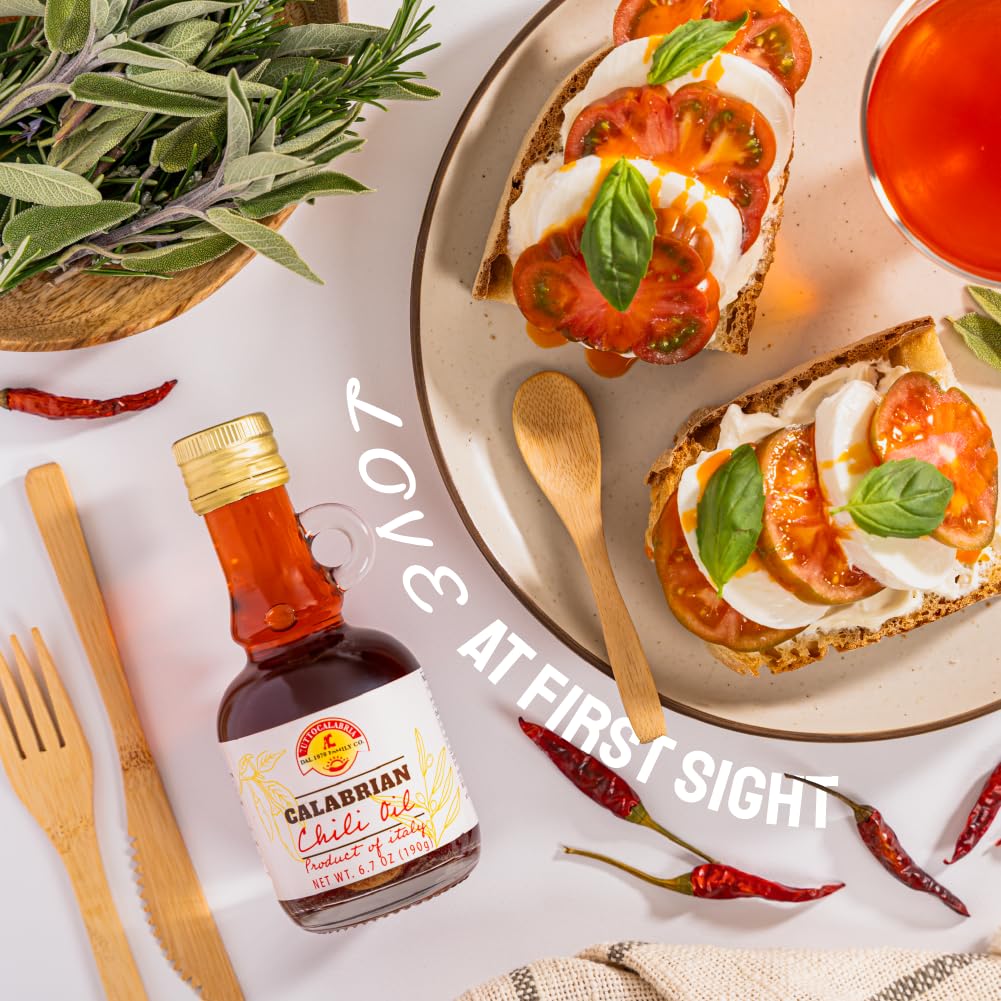 Tutto Calabria Calabrian chili oil drizzled on bruschetta
