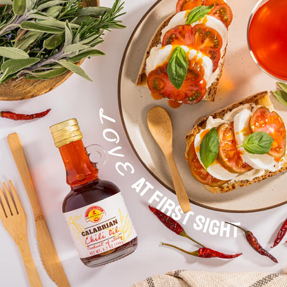 Tutto Calabria Calabrian chili oil drizzled on bruschetta