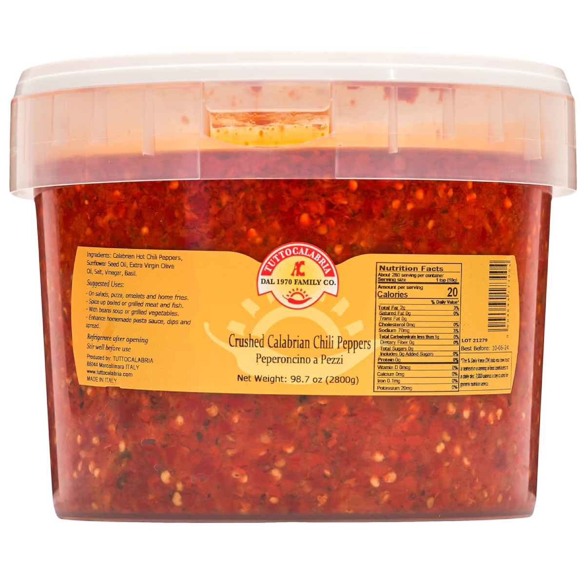 Container of crushed Calabrian chili peppers with a label on a white background