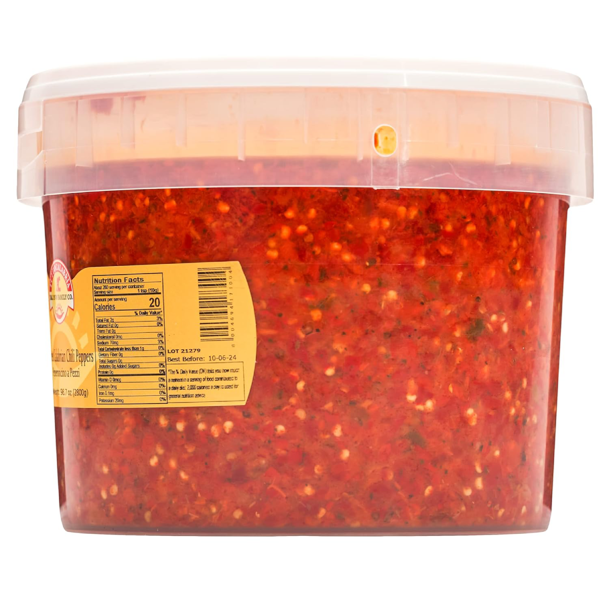 Container of red pepper flakes with a label on a white background