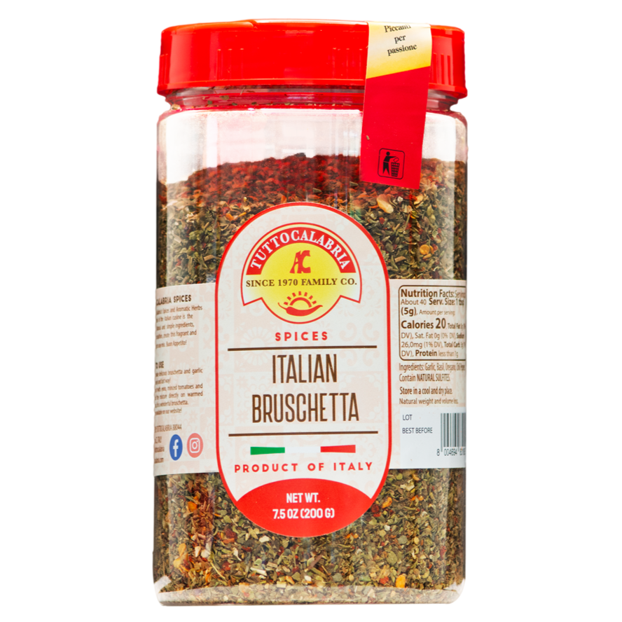 A shaker container of Tutto Calabria Italian Bruschetta Seasoning Spice Mix, displaying the product name and an indication that it is a product of Italy.