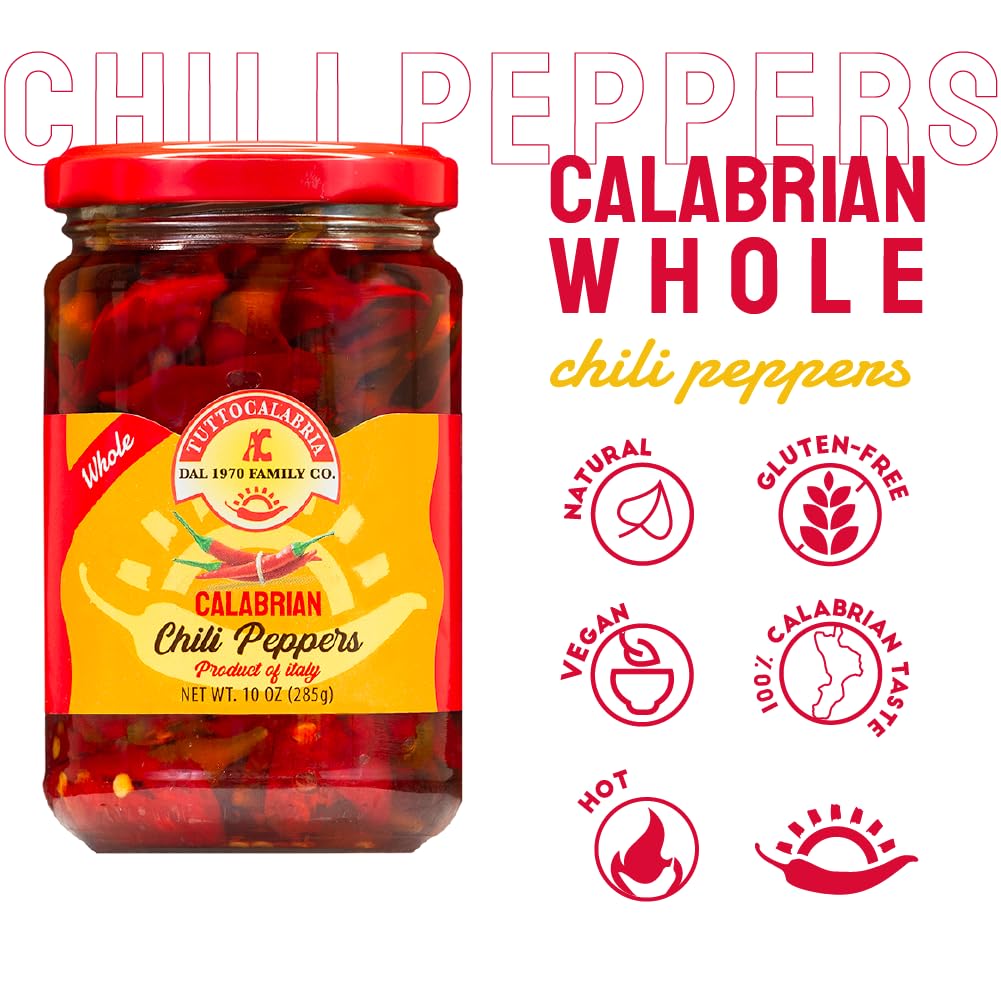 Jar of Calabrian whole chili peppers with brand logo and product details on a white background