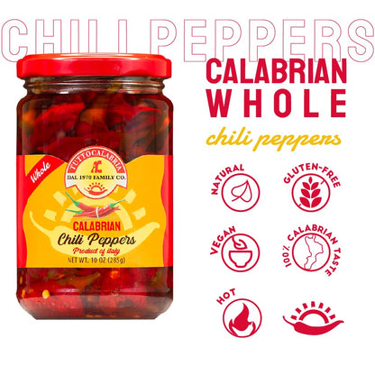 Jar of Calabrian whole chili peppers with brand logo and product details on a white background