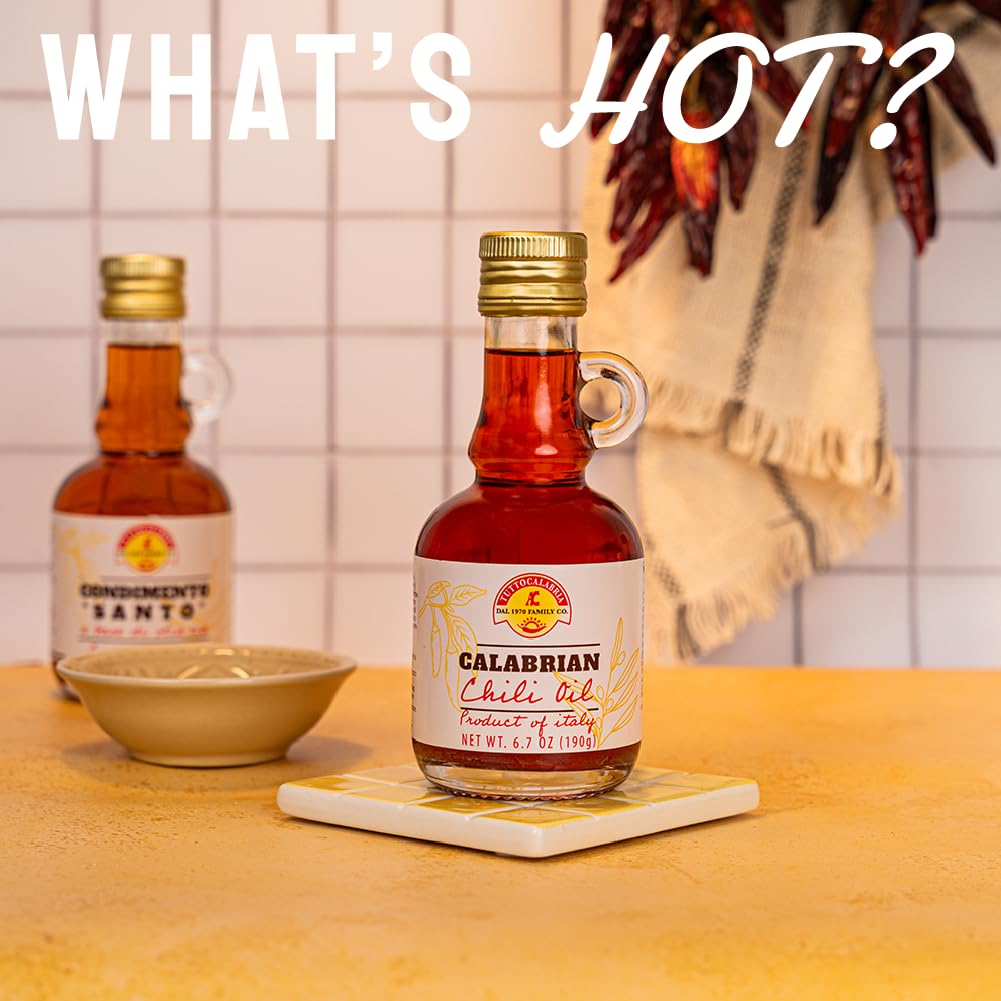 Tutto Calabria Calabrian chili oil bottle on kitchen counter