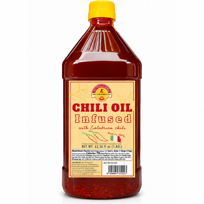 A 62.56 fl oz plastic bottle of Chili Oil Infused with Calabrian chili peppers, featuring a bright yellow cap and a yellow label with red text, shown on a white background.