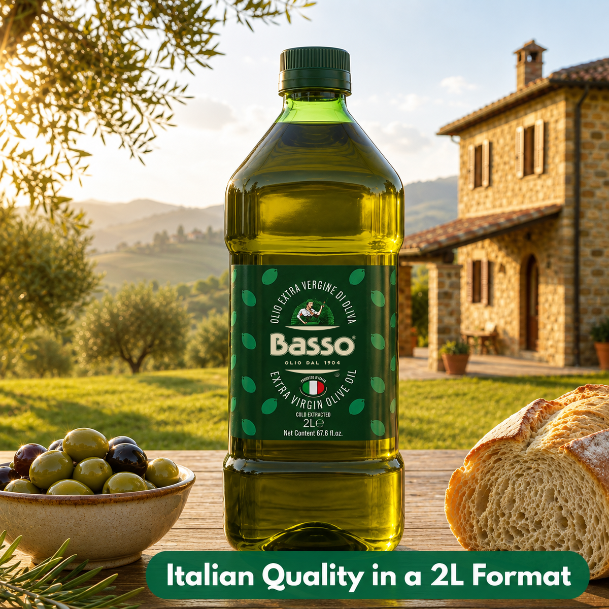 Basso 1904 100% Italian Extra Virgin Olive Oil – Cold Extracted – 67.6 fl oz (2 L)