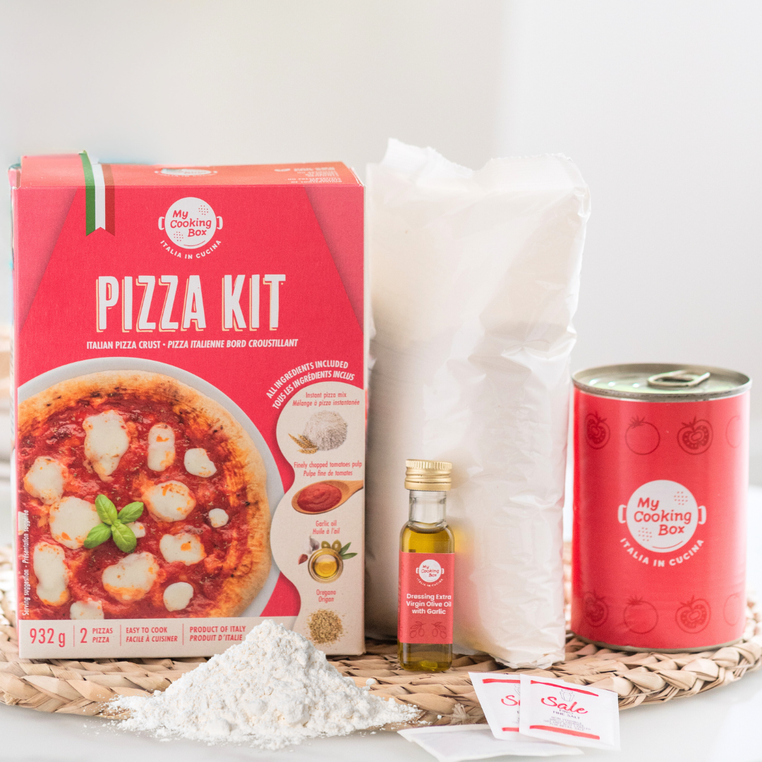 Pizza kit - Products of Italy, Italian Pizza Crust, Includes: Type “00” Flour, Tomato Pulp, Extra Virgin Olive Oil, Oregano and Sea Salt 32.9 oz (932g), All ingredients needed in one box, 2 Pizzas