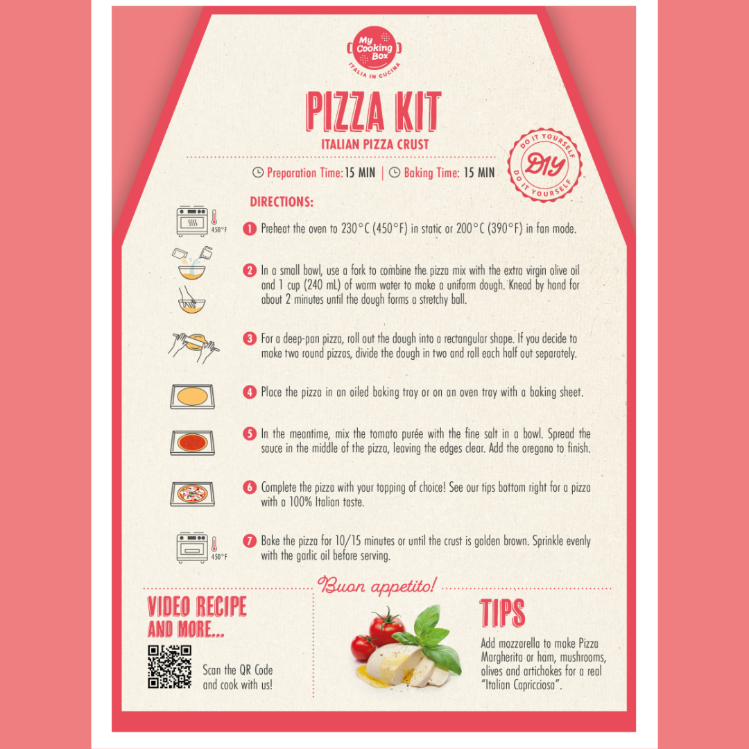 Pizza kit - Products of Italy, Italian Pizza Crust, Includes: Type “00” Flour, Tomato Pulp, Extra Virgin Olive Oil, Oregano and Sea Salt 32.9 oz (932g), All ingredients needed in one box, 2 Pizzas