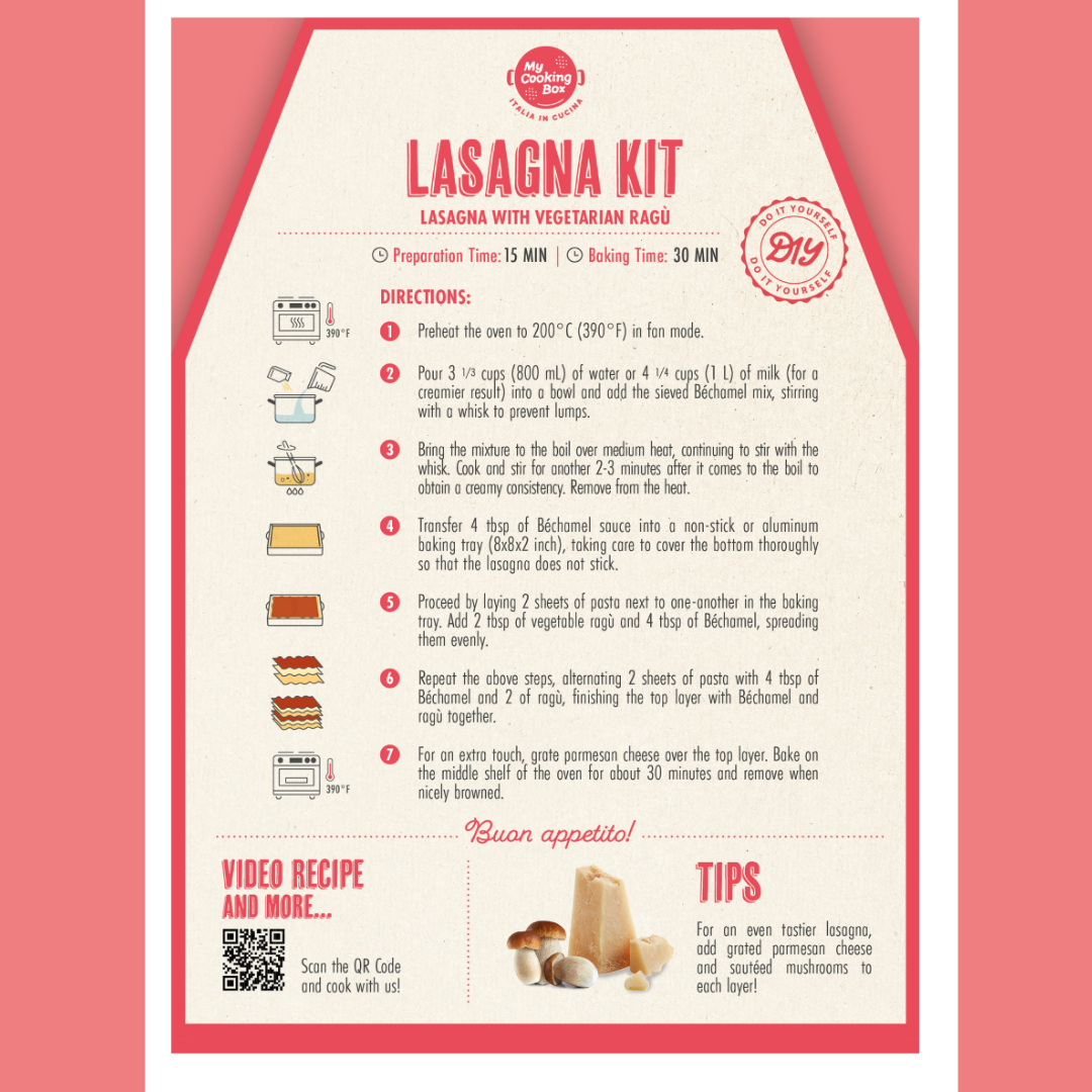 My Cooking Box, Lasagna Meal Kit with Vegetarian Rag Product of Italy Serves 2 to 4 Includes Lasagna Sheets, Vegetarian Bolognese Sauce, Bechamel Mix