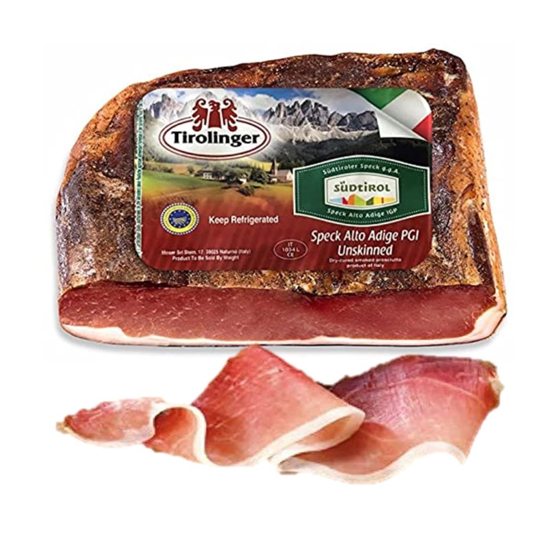Packaged speck with Tirolinger and Sßluérol labels on a white background