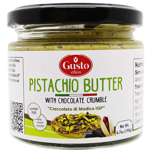 Gusto Etna, Pistachio Butter with Chocolate Crumbles, 6.7 oz (190g), Sweet Pistachio & Chocolate Crumbles Cream Spread, Pistachio Paste, Product of Italy
