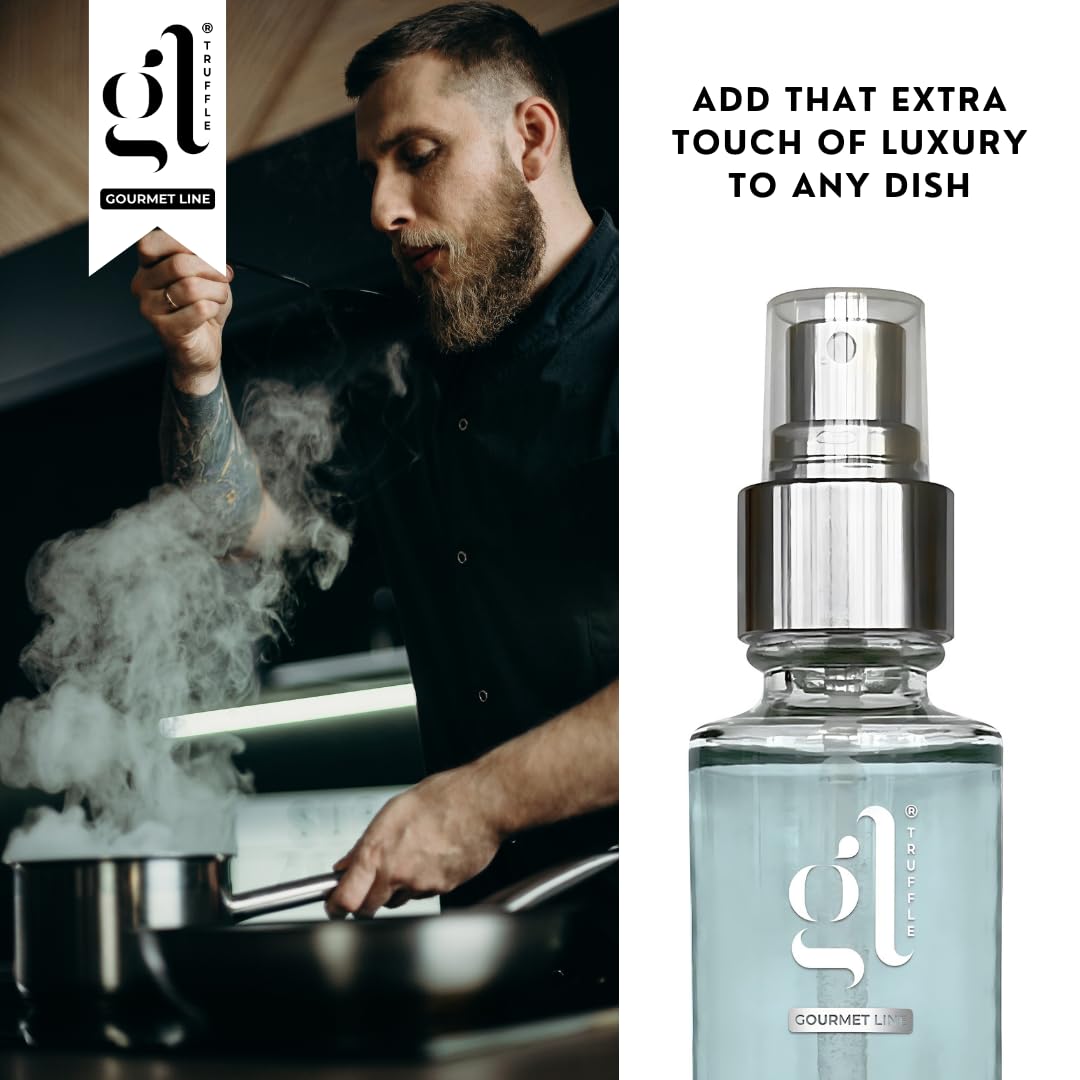 Man cooking with steam rising, next to a bottle of Gourmet Line product with brand logo.