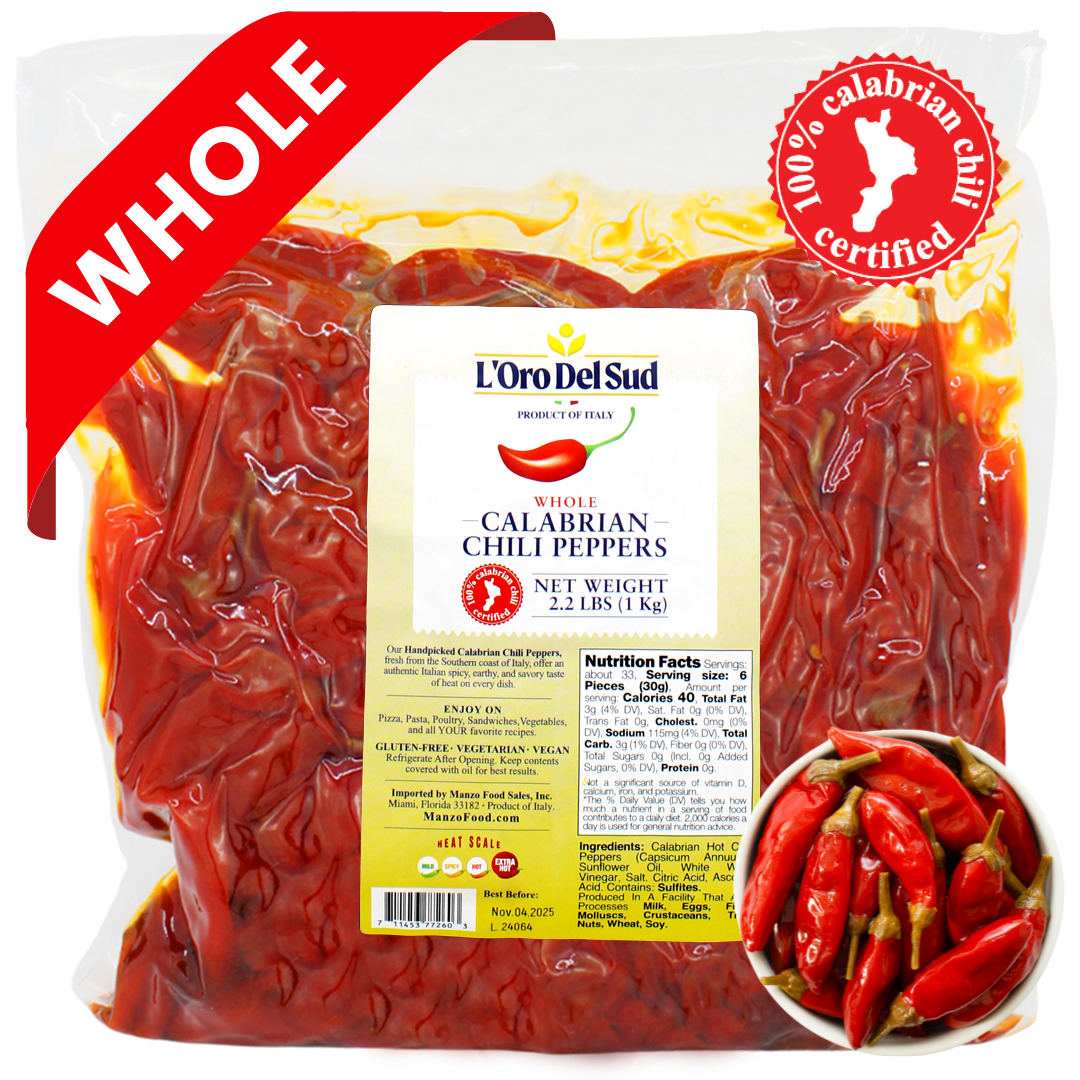 L'Oro Del Sud, Certified Authentic, Whole Calabrian Chili Peppers in Oil, 2.2 lb / 1 kg (900 gr drained)