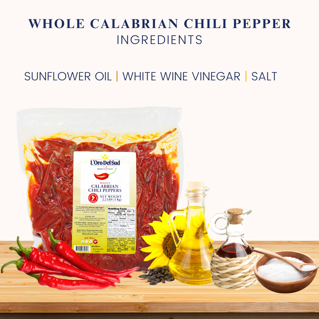 L Oro Del Sud Certified Authentic Whole Calabrian Chili Peppers in Oil 2.2 lb 1 kg 900 gr drained