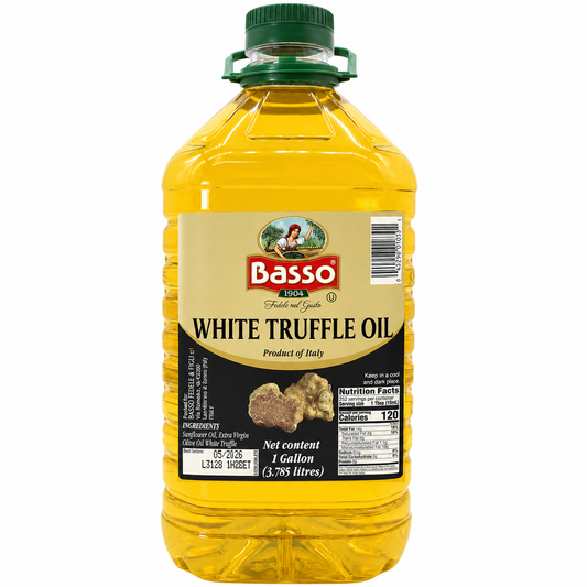 Basso 1904 White Truffle Oil – 1 gallon (3.785 liters) bulk container, premium Italian infused oil with rich white truffle essence, ideal for gourmet cooking and foodservice use.
