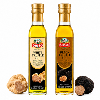 Basso 1904 Black and White Truffle Infused Extra Virgin Olive Oil set – two 250 ml bottles of premium Italian EVOO with black truffle and white truffle essence.