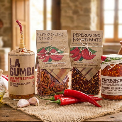 Spice and sauce products on a wooden surface with a rustic background