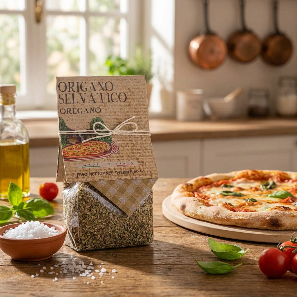 Oregano package on a kitchen counter with a pizza and ingredients