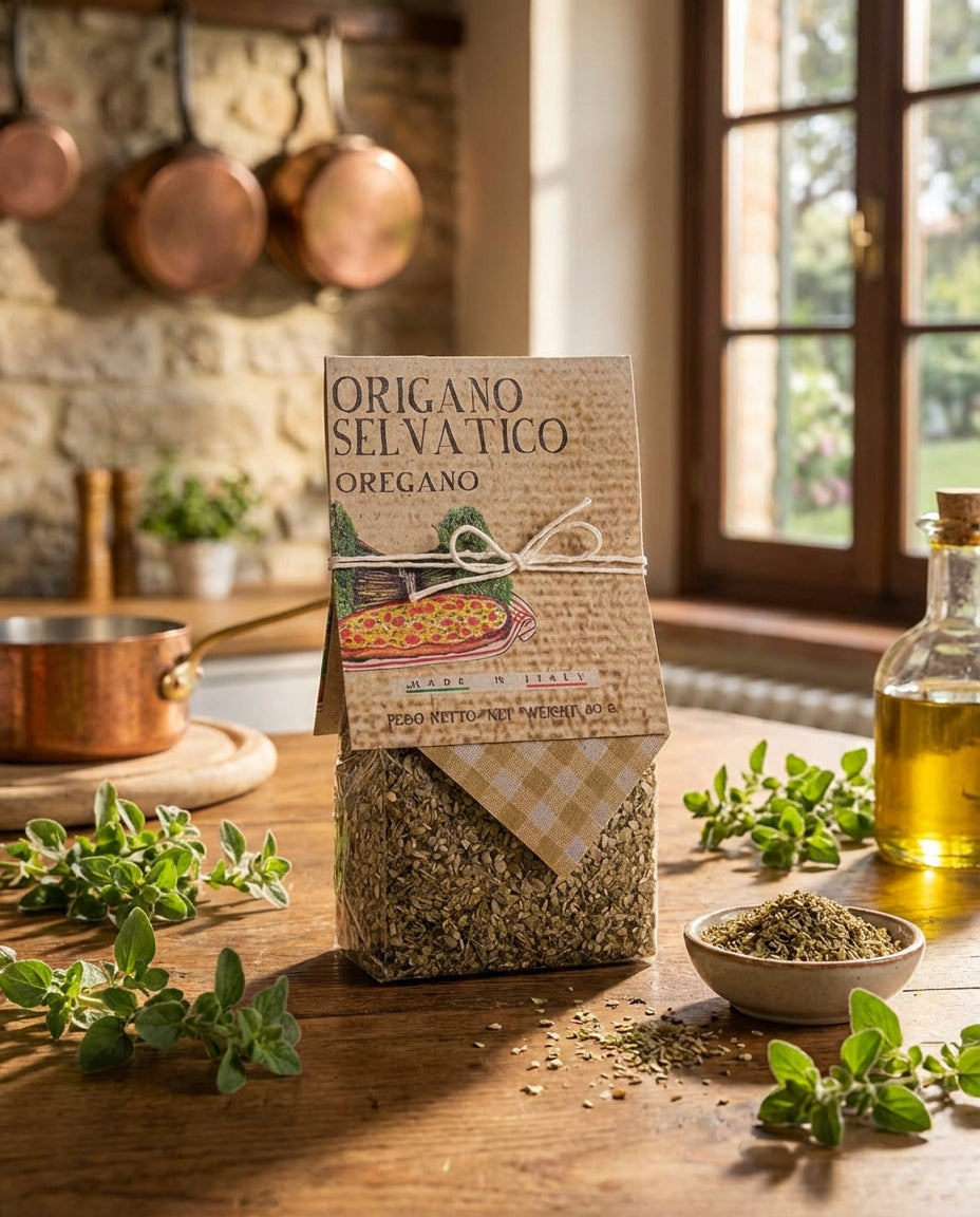 Packaged oregano on a wooden table with herbs and a window in the background