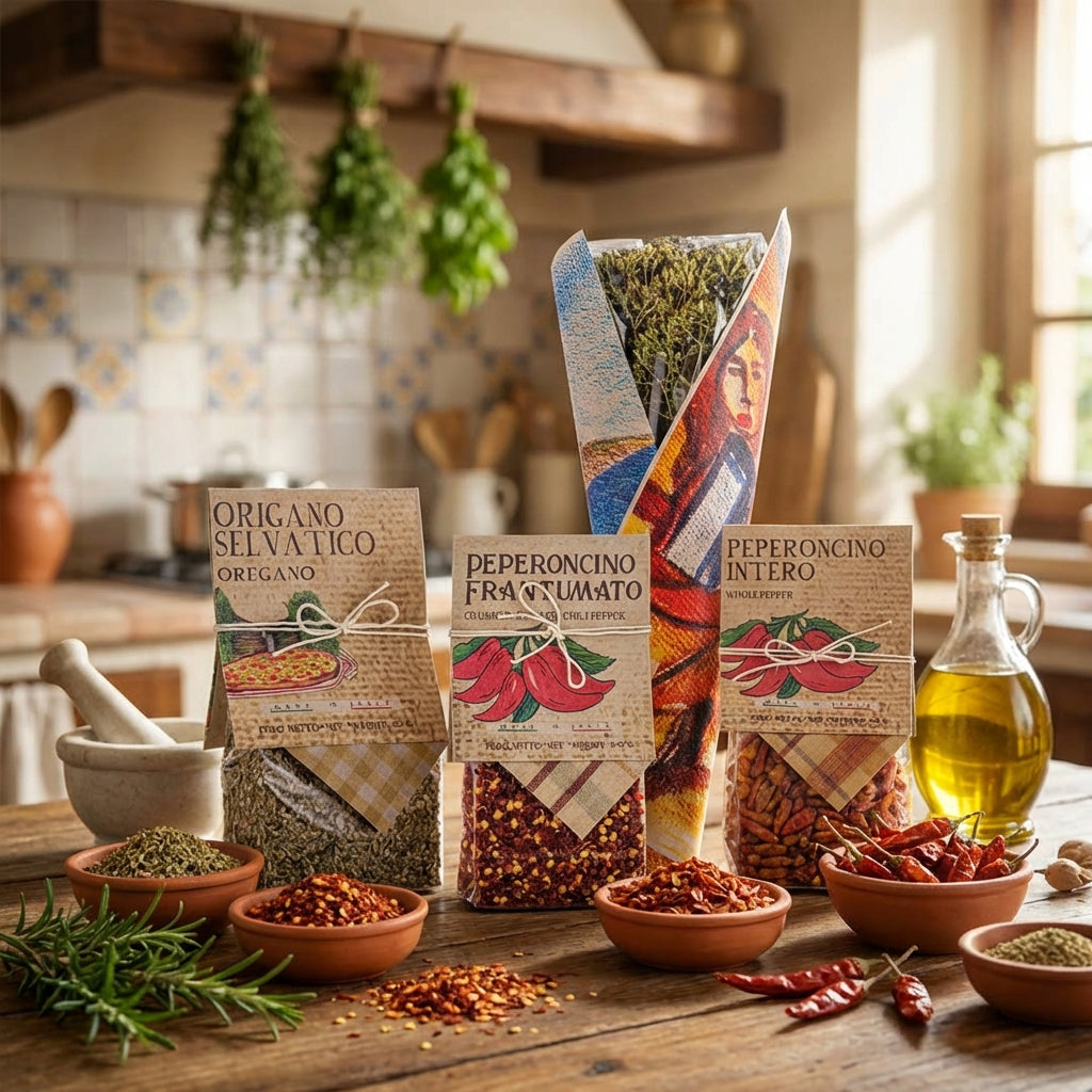 Spices and herbs on a wooden table with kitchen background