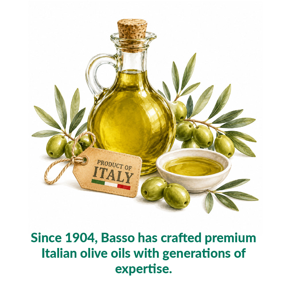 Italian olive oil with fresh olives celebrating Basso’s expertise since 1904
