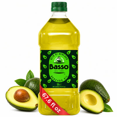 Basso Avocado Oil 2L bottle with fresh whole and sliced avocados on a white background.
