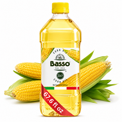 Basso Sunflower Oil 2L bottle with fresh sunflowers on a white background.