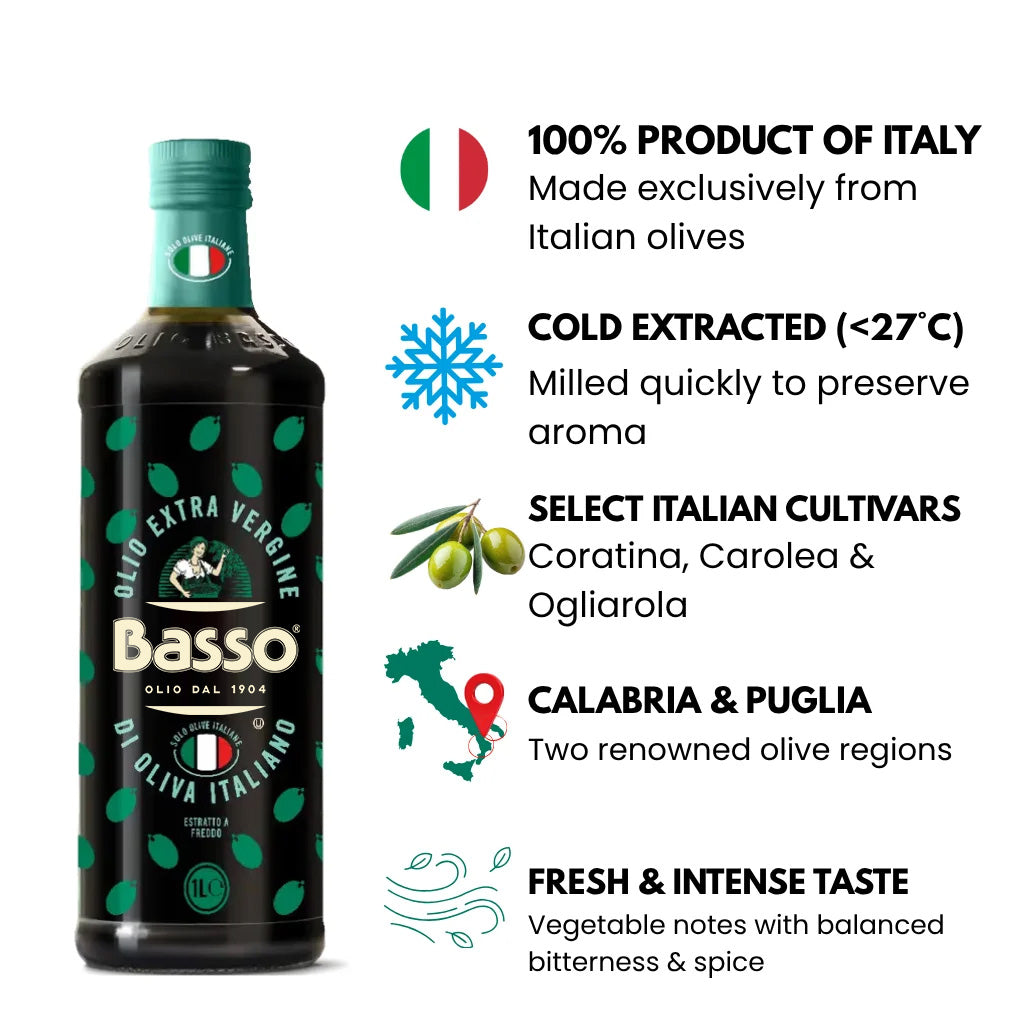 Basso 1904 100% Italian Extra Virgin Olive Oil – Cold Extracted – 33.8 fl oz (1 L)