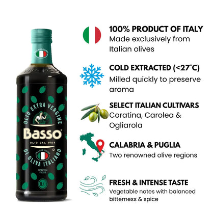 Basso 1904 100% Italian Extra Virgin Olive Oil – Cold Extracted – 33.8 fl oz (1 L)