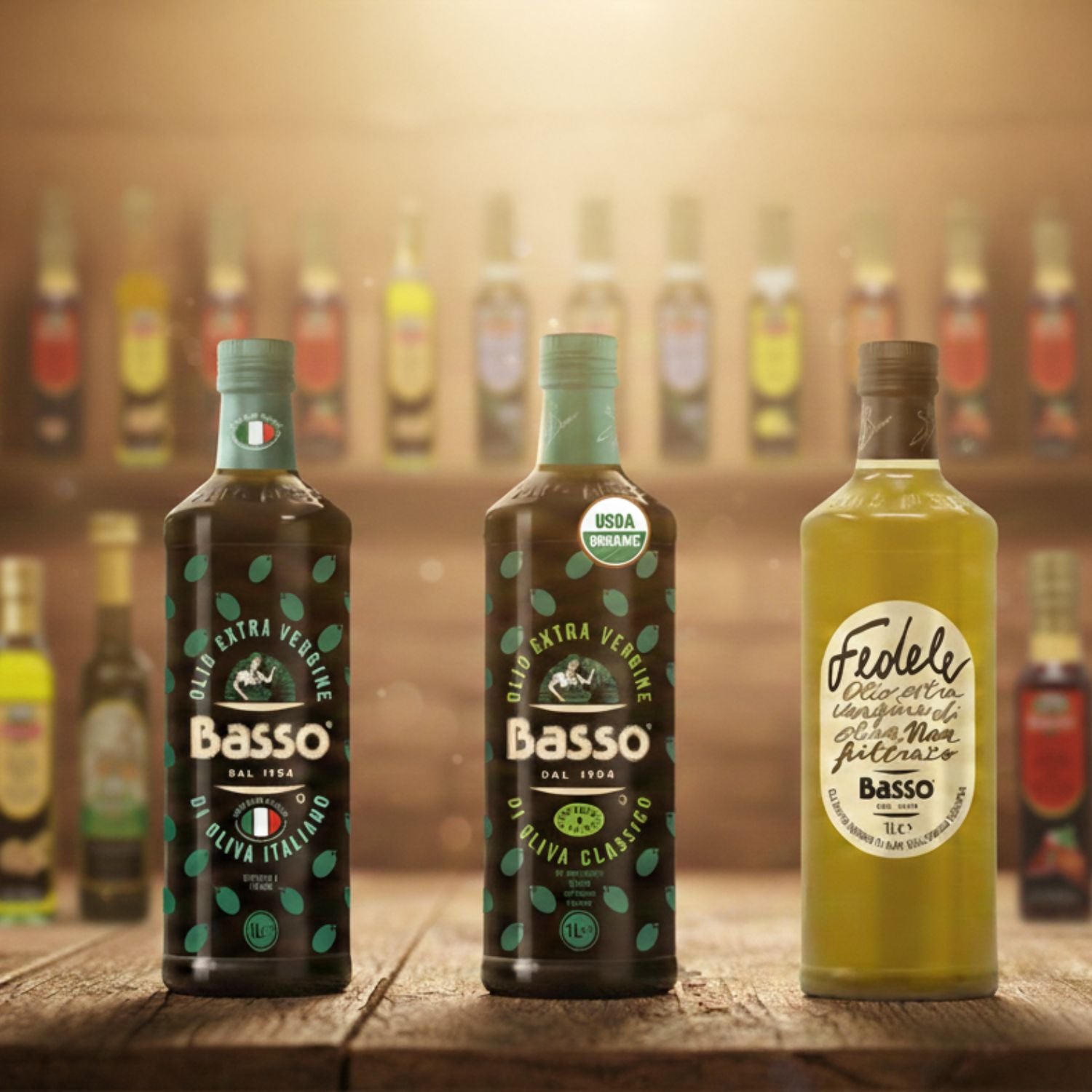 Selection of Basso extra virgin olive oils displayed with the brand’s oil collection.