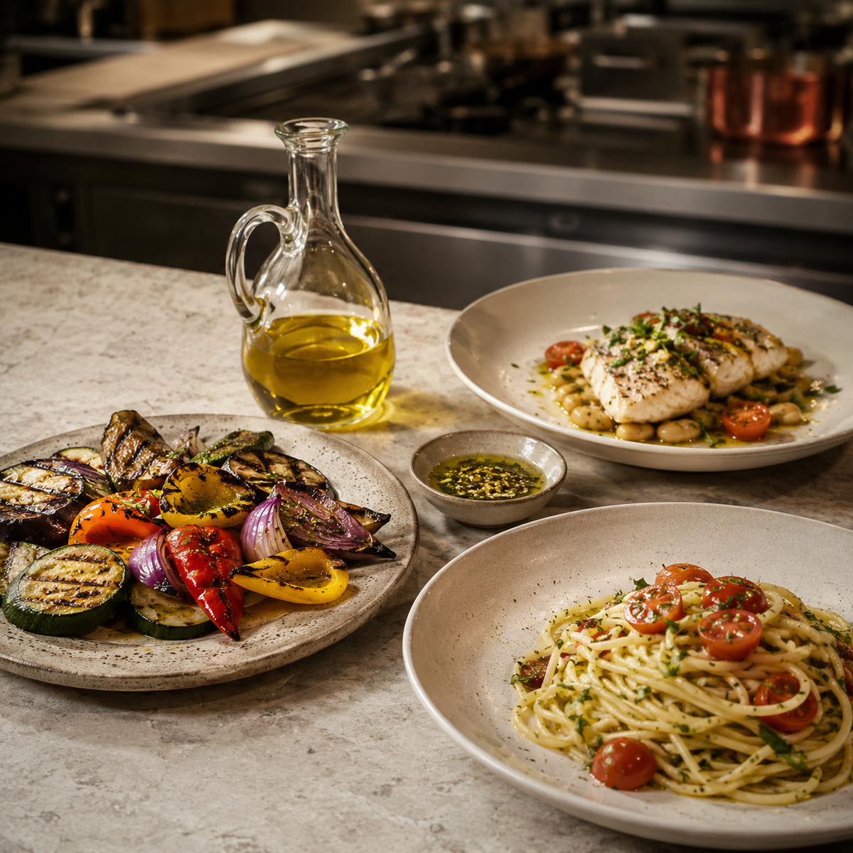 Italian olive oil served with pasta, fish, and grilled Mediterranean vegetables.