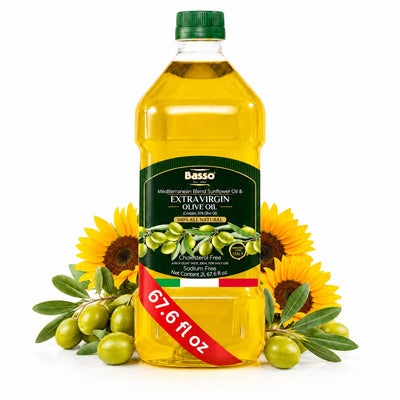 Basso Mediterranean Blend Sunflower & Extra Virgin Olive Oil 2L bottle with olives and sunflowers.
