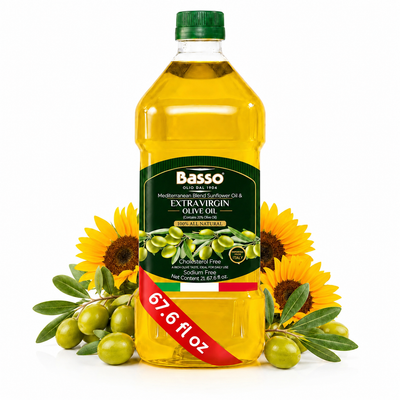 Basso 1904 Italian Sunflower Oil (80%) & Extra Virgin Olive Oil (20%) Blend – Versatile Cooking Oil – 67.6 fl oz (2 L)